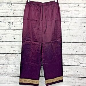 J. Jill Maroon Red Silk High Waist Ribbon Paisley Trim Boho‎ Pants [Size Medium]